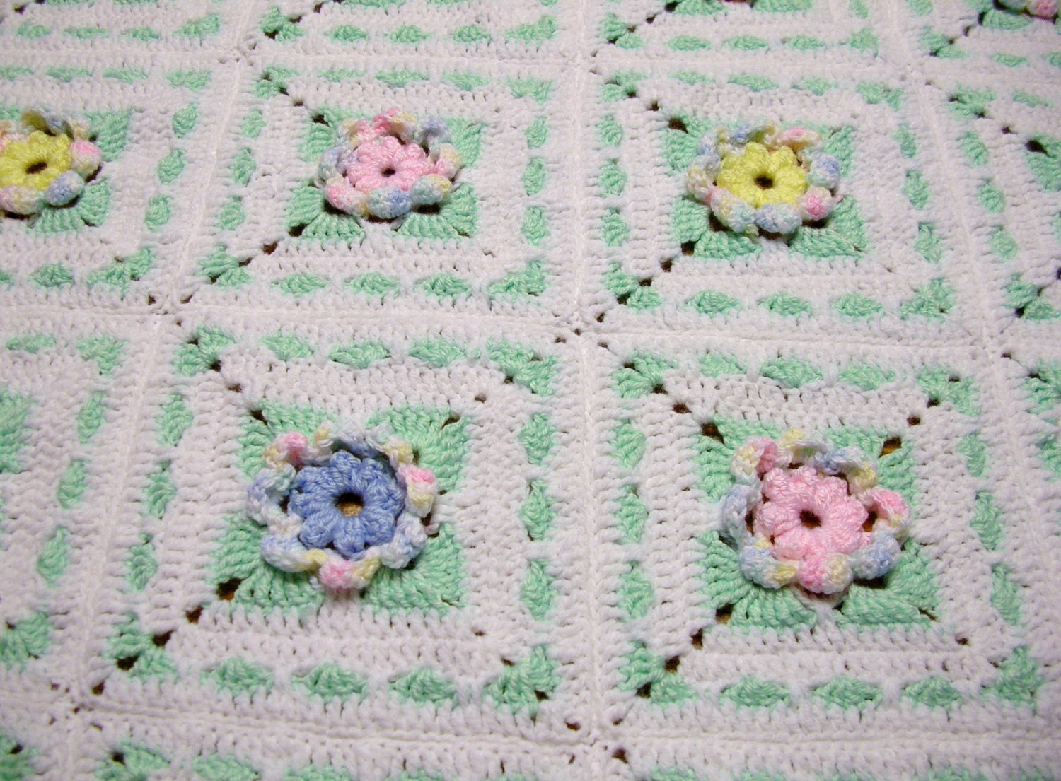 Crochet Baby Afghan Blanket in White and Pastels Cottage Shabby