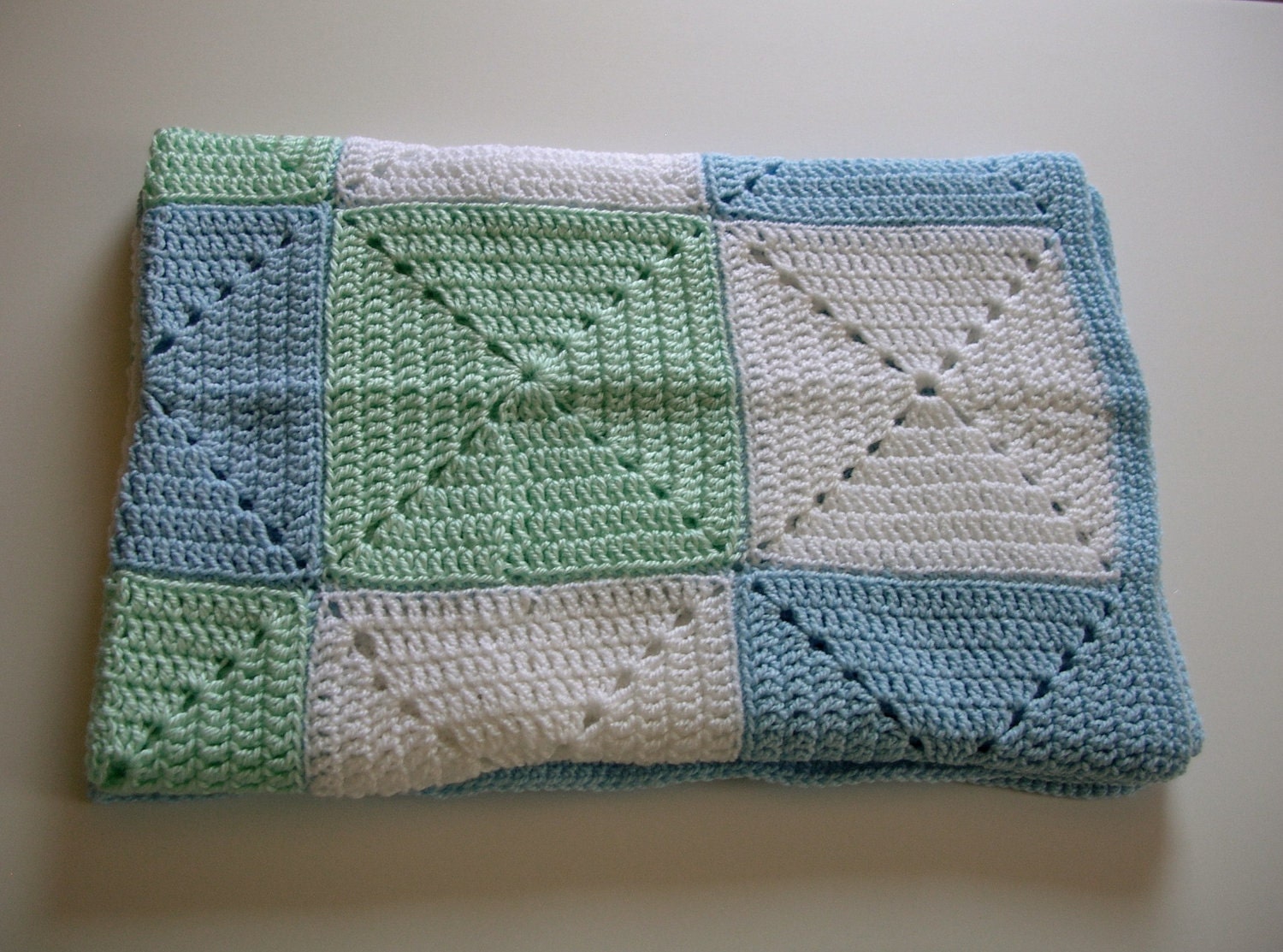 Crochet Baby Blanket  Blue Green White Granny Square