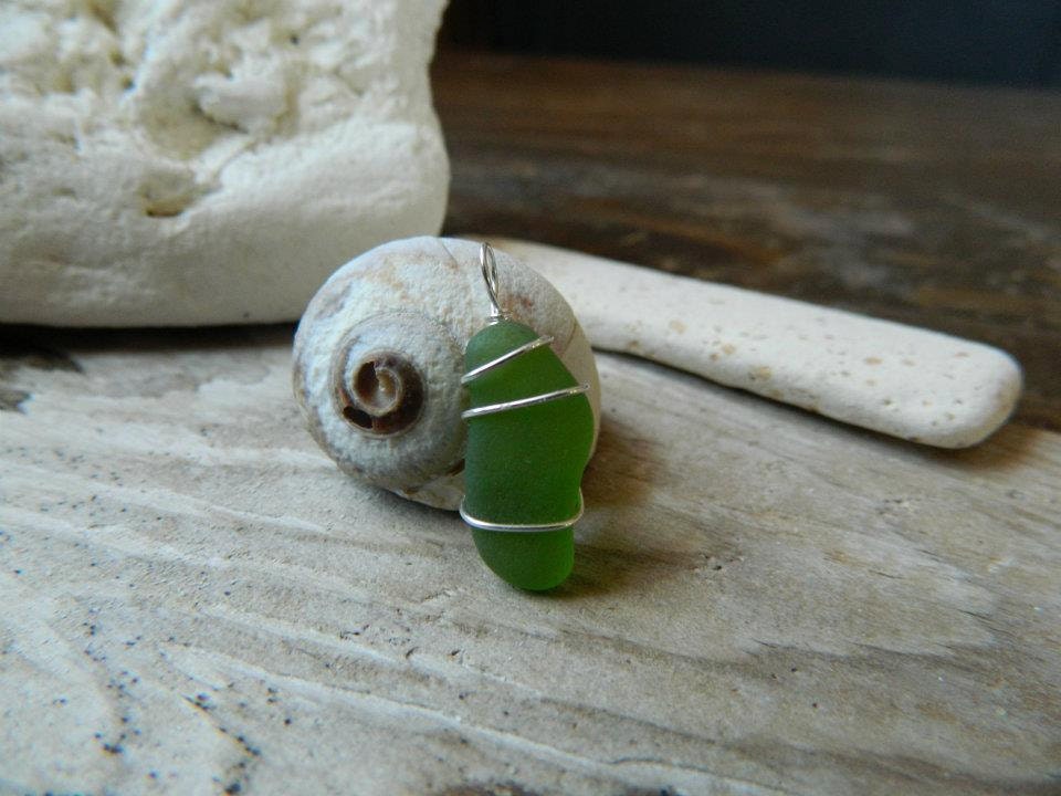Green sea glass pendant with sterling silver