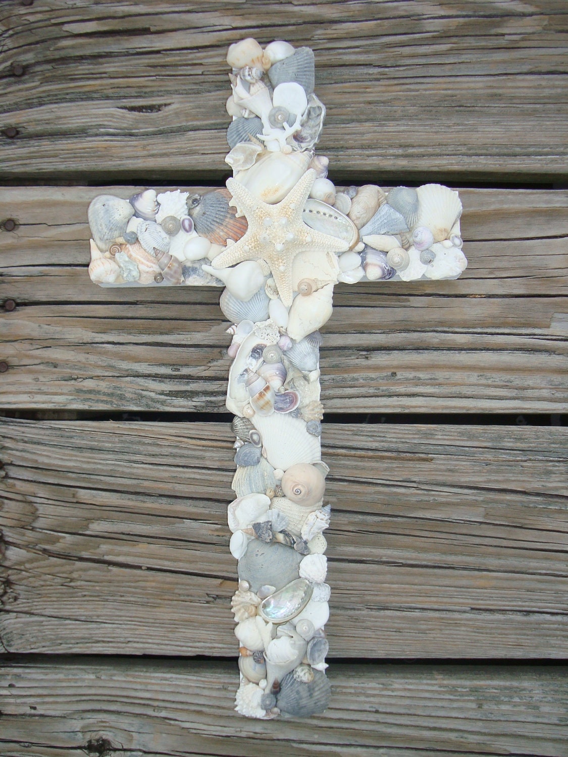 Encrusted Seashell Cross on Reclaimed Wood