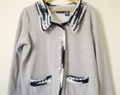 Upcycled Fleece Sweatshirt Jacket in Ash Gray with Intricate Crochet Black and White Edging for Women