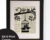 Vintage Retro Bird Cage in Tree Black on Dictionary page image Wall art Print 8X10" Gorgeous Gift