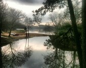 8x8 photograph of the reflections of trees on a foggy river