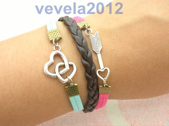 lover Bracelet ------Pretty  silver  heart to heart bracelet ,lover arrow bracelet, Flocking leather cords,Knitting leather  bracelet