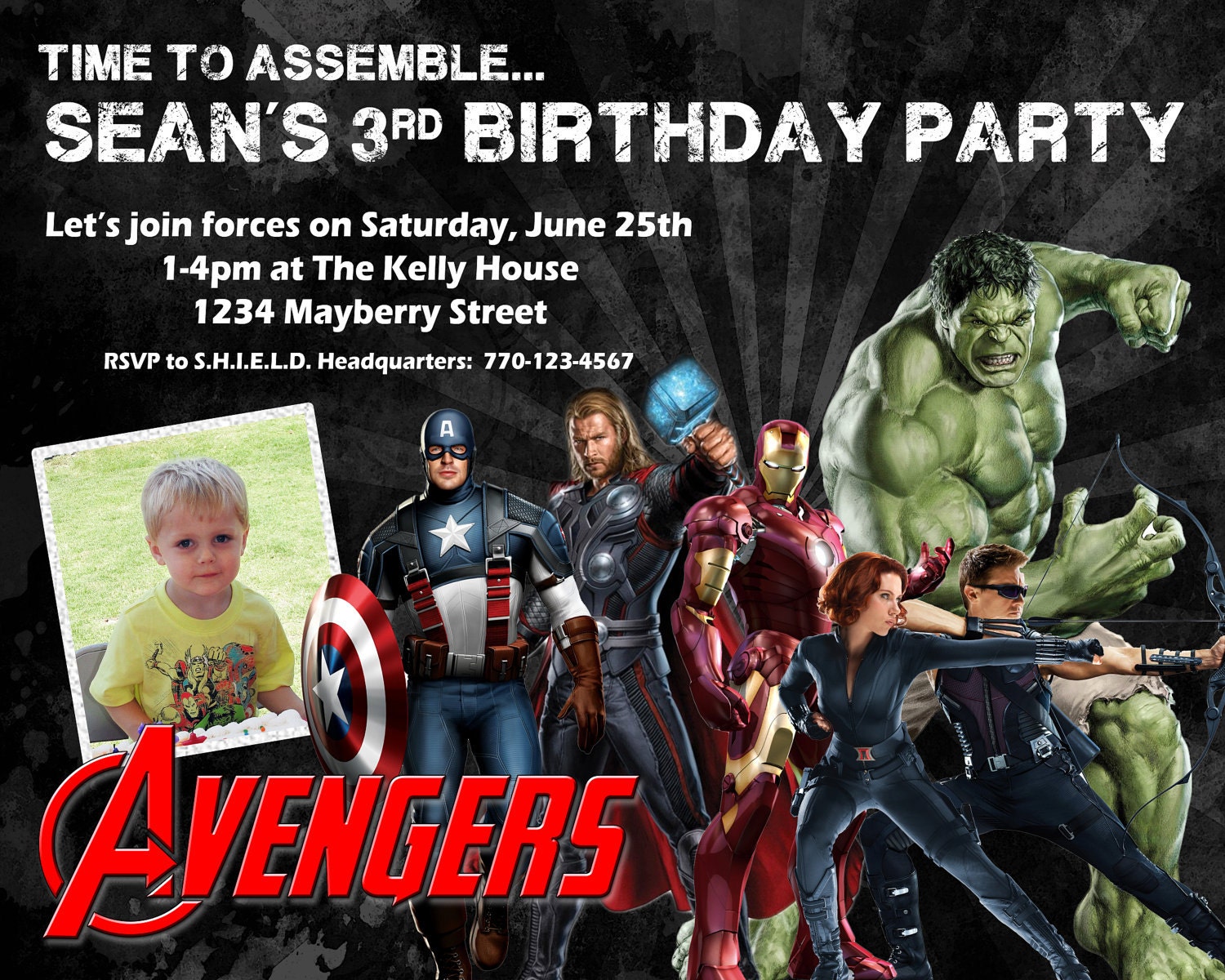 Avengers Birthday Invitation Design w/ Child's Photo -  Customized with party info & kid's picture - Iron Man, Captain America, Thor, Hulk