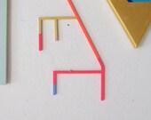 Neon geometric art, abstract painting, unusual stick painting on wood