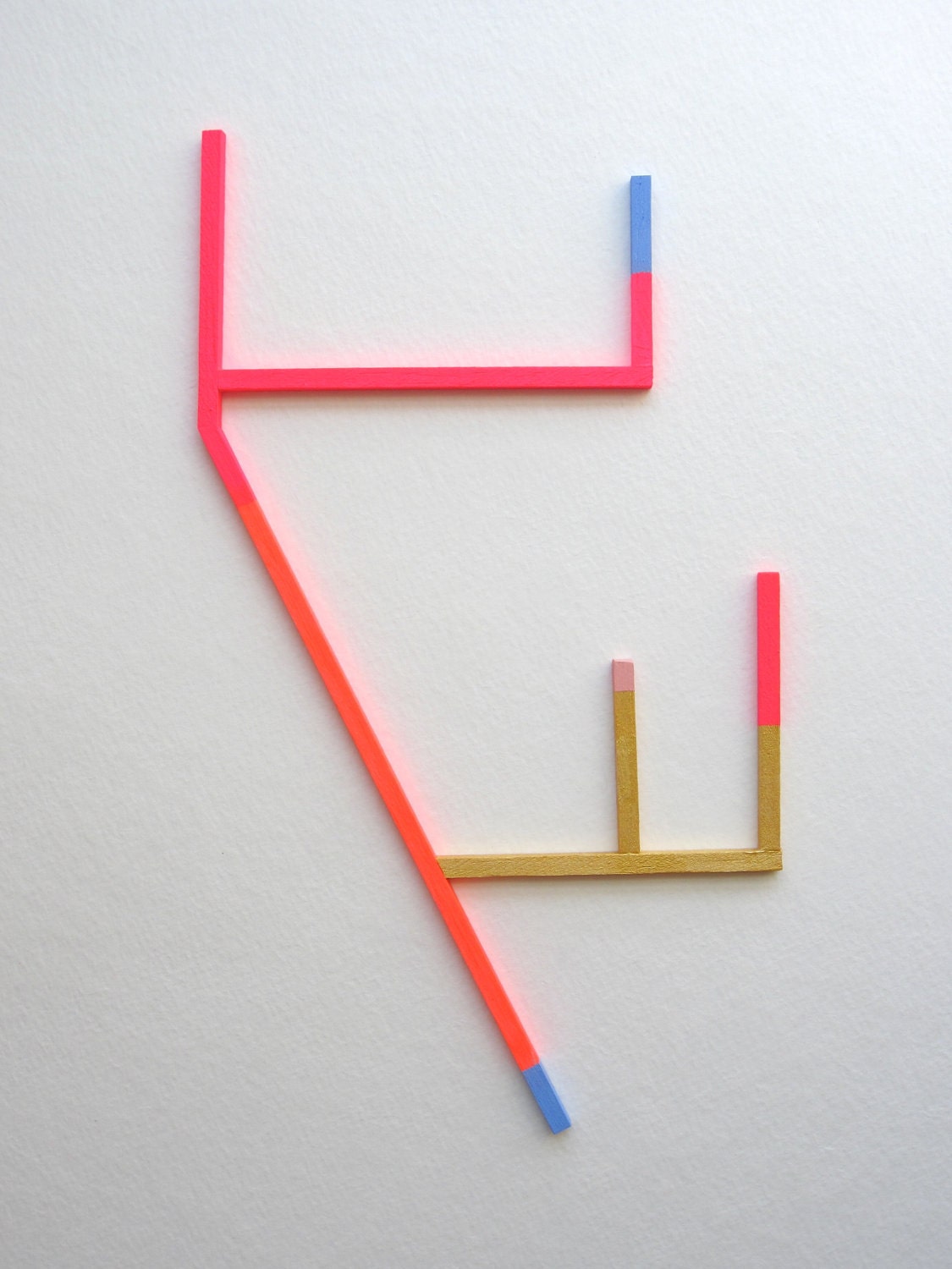 Neon geometric art, abstract painting, unusual stick painting on wood