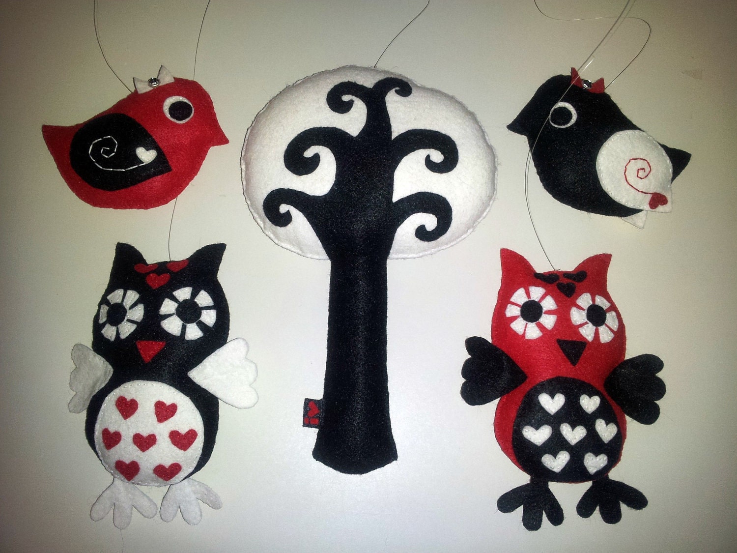 Felt Owl Baby Mobile Embroidery Red Black White MADE TO ORDER