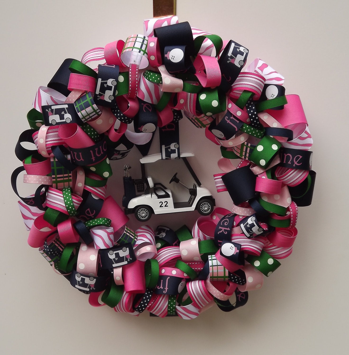 Golf lover's Wreath. Preppy navy, pink & green. 14 Inch