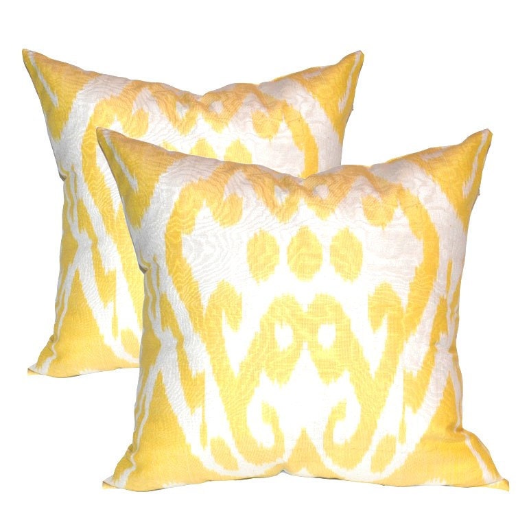 Set of 2 yellow and White Ikat pillow covers 19" X 19 "