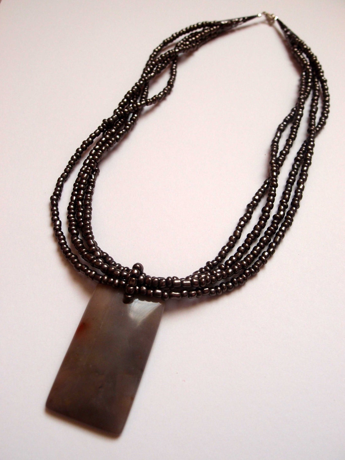 Gun Metal Seed Bead Grey Pendant Necklace