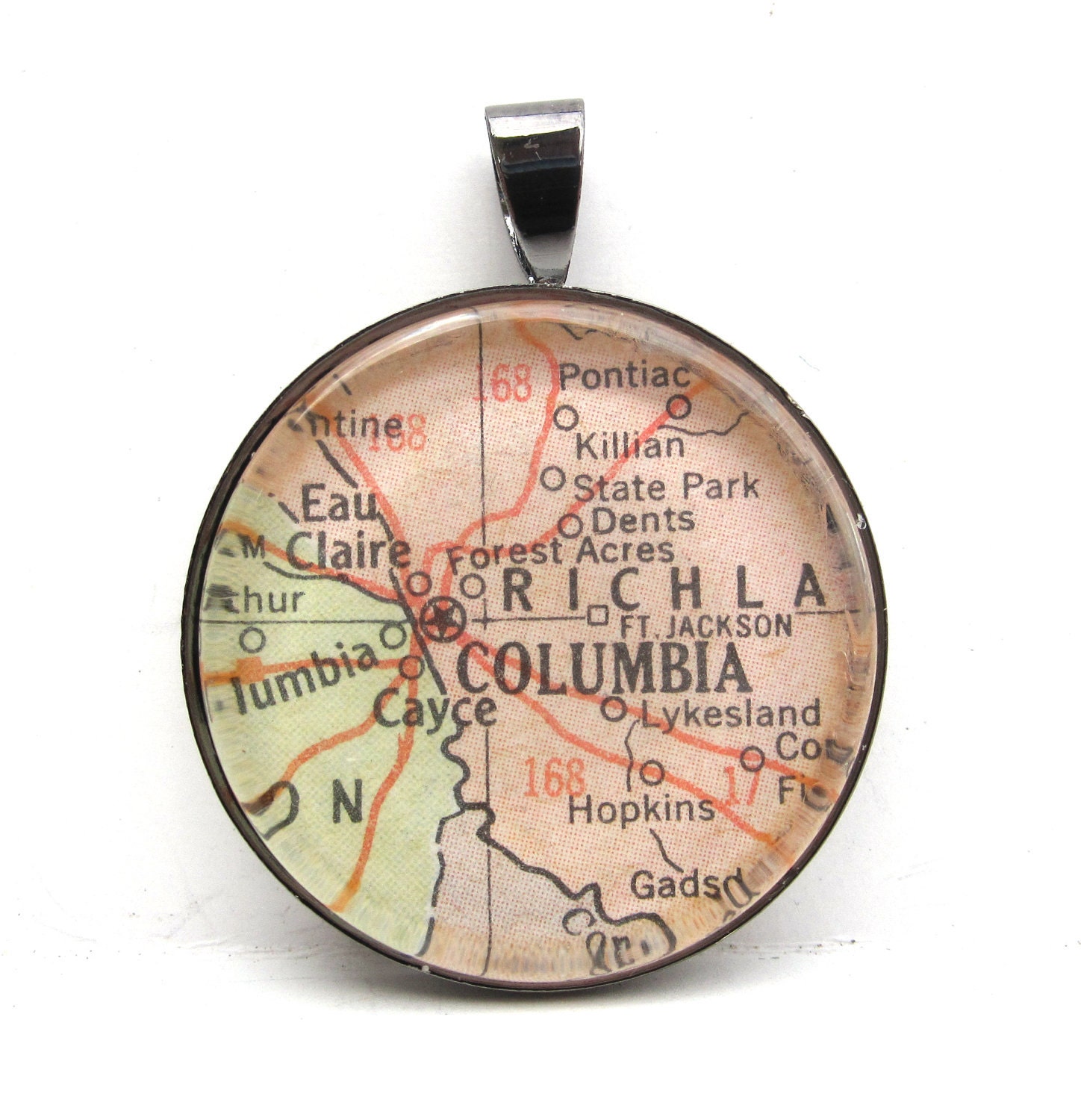 Vintage Map Pendant of Columbia, South Carolina, in Glass Tile Circle
