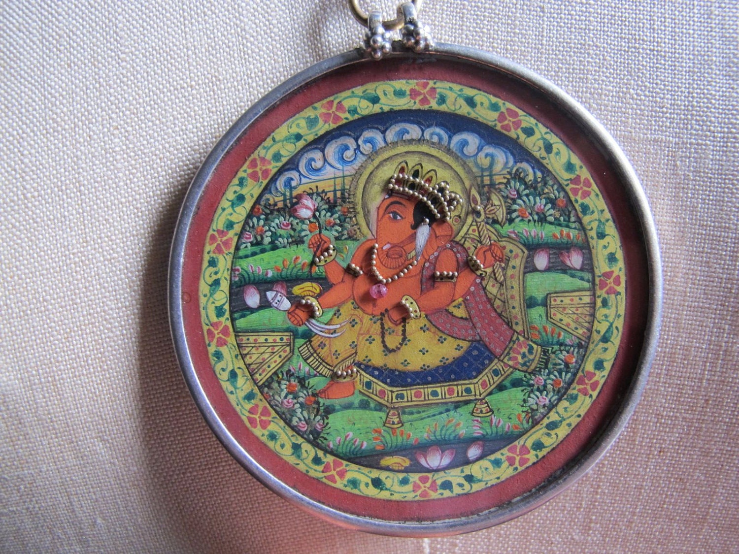 Hand Painted Ganesha Encased in A Silver Frame Hung on Silver Chain and Hand Knotted Turquoise and Coral Beads