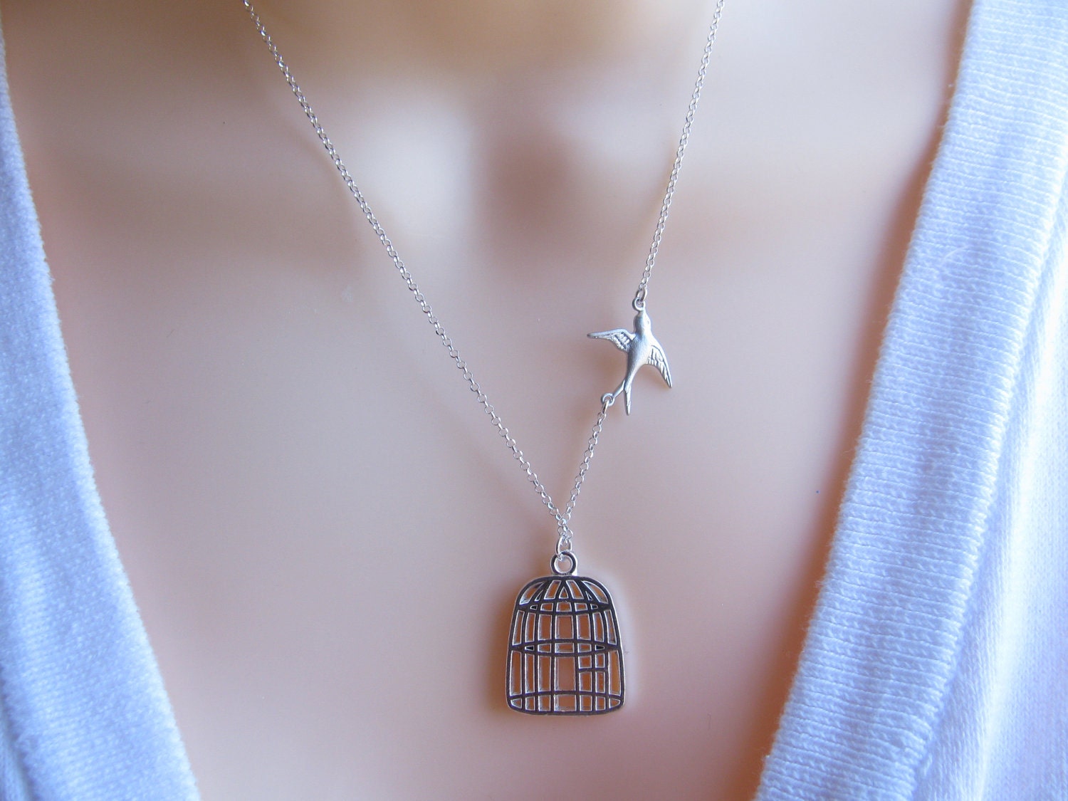 Cage Necklace, Be Free Bird Necklace, Silver Bird Cage Necklace, Sparrow Necklace -  Leaving Home