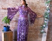 Vintage 1970's Purple Print Bell Sleeves Dress