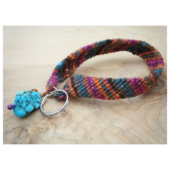 Woven Friendship Bracelet Key Strap - Wristlet - Key Chain with Turquoise Howlite