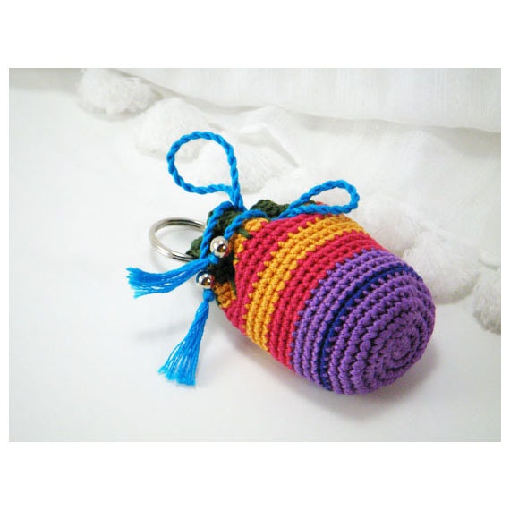 Mini Crocheted Key Chain Pouch - Small Cotton Purse, Bag - Striped Purple, Green, Blue, Yellow, Pink