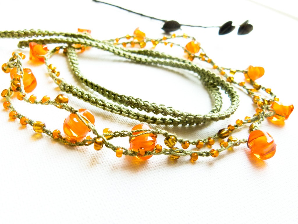 Bohemian skinny headband tangerine orange brown green bead crochet cord  Gypsy hair piece