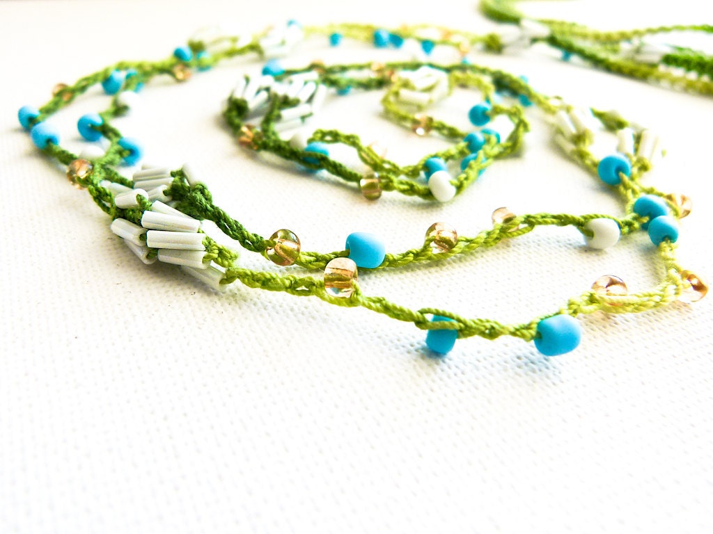 Summer breath. Crochet cord, versatile, aqua blue green white fresh rustic  jewelry