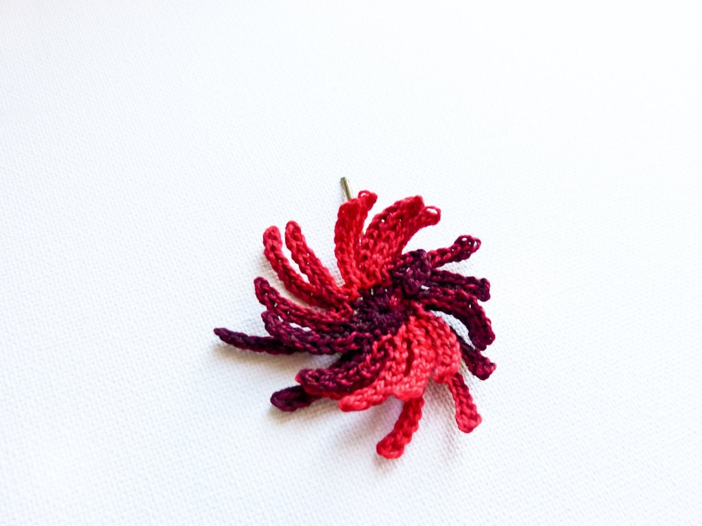 Carmen. Scarlet red black  holiday hair accessories crochet floral hair clip