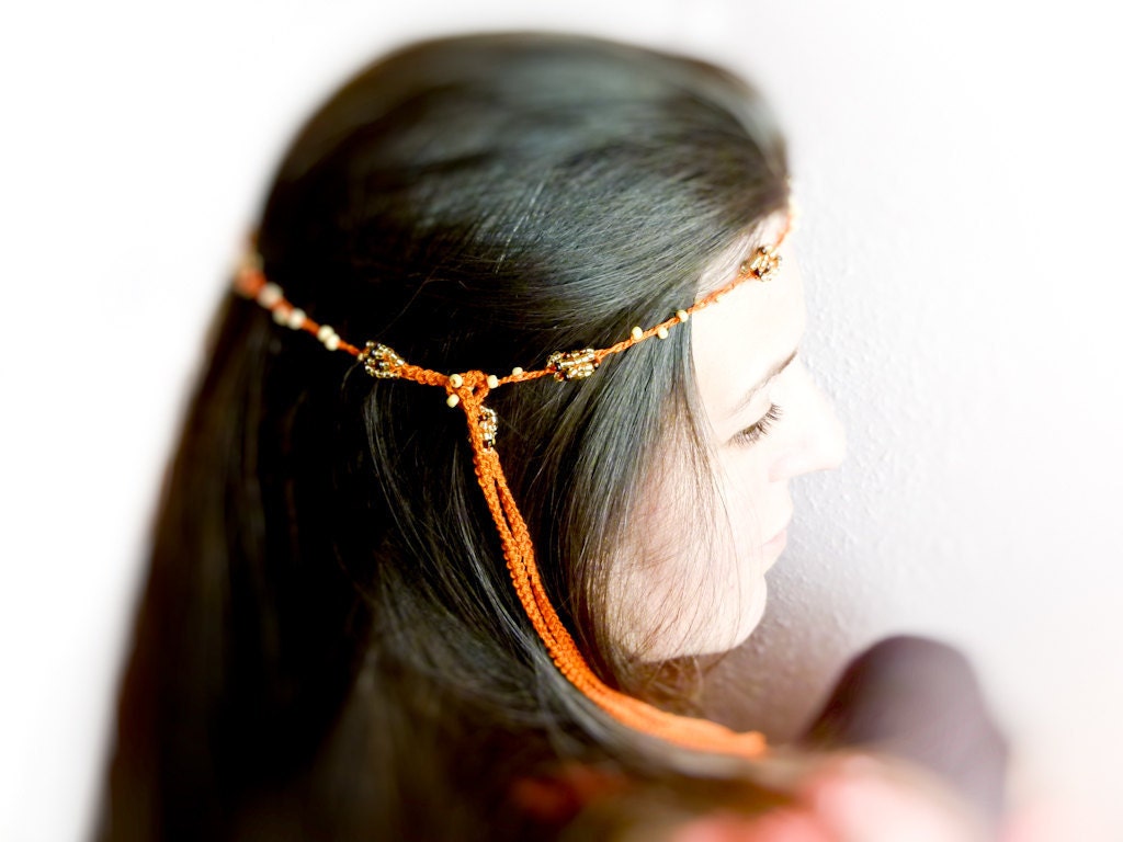 Boho  bead crochet skinny headband. Orange golden brown crown hairband  head piece hair tie
