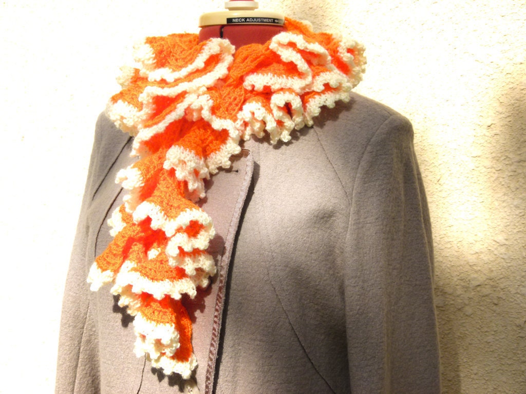 Orange cream crochet ruffle scarf  Neck warmer, warp,  curly, frilly, ruffle/ mothers day gift idea