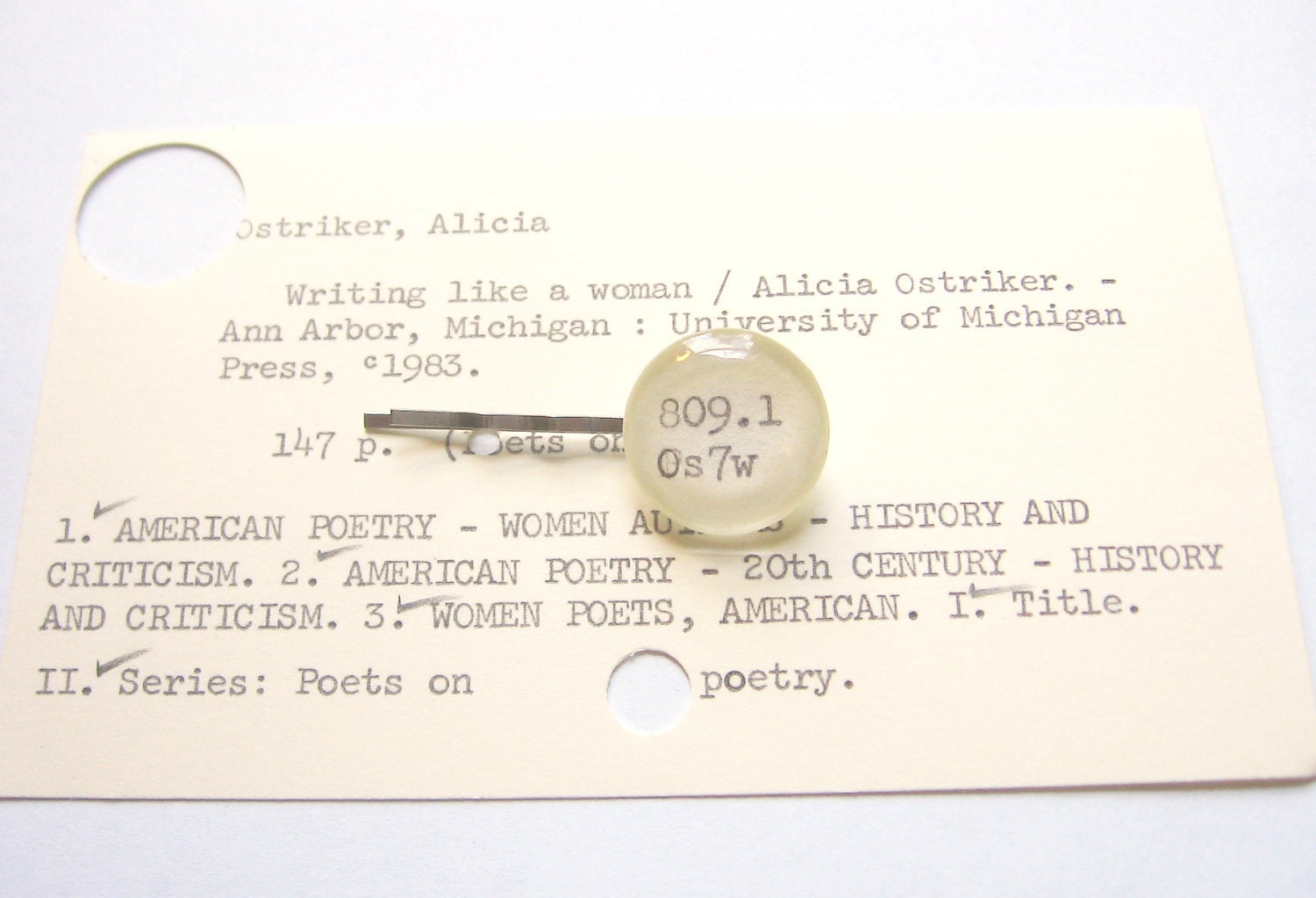 Dewey Decimal Library Card Hair Pin Bobby Pin - Single