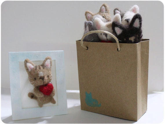 Pudding Cat - needle felted wool brooch, crystal bead
