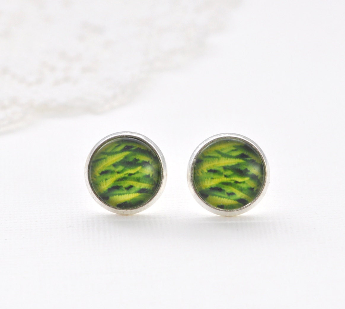 Green Fern Earrings - Wearable Photo Art - Glass - Botanical - Woodland- Summer Autumn Fall Colors - Emerald Green