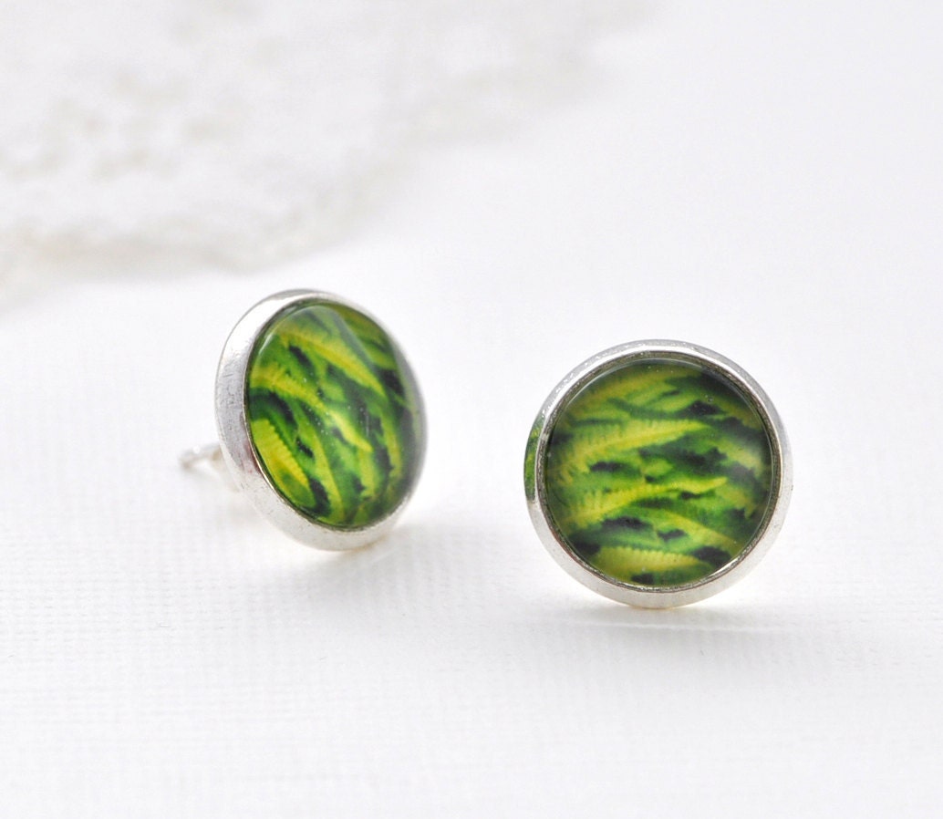 Green Fern Earrings - Wearable Photo Art - Glass - Botanical - Woodland- Summer Autumn Fall Colors - Emerald Green