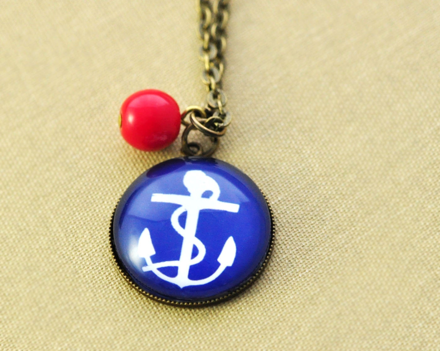 Anchor Necklace Navy Blue and Red Bead. Vintage Nautical Jewelry. Wearable Art.