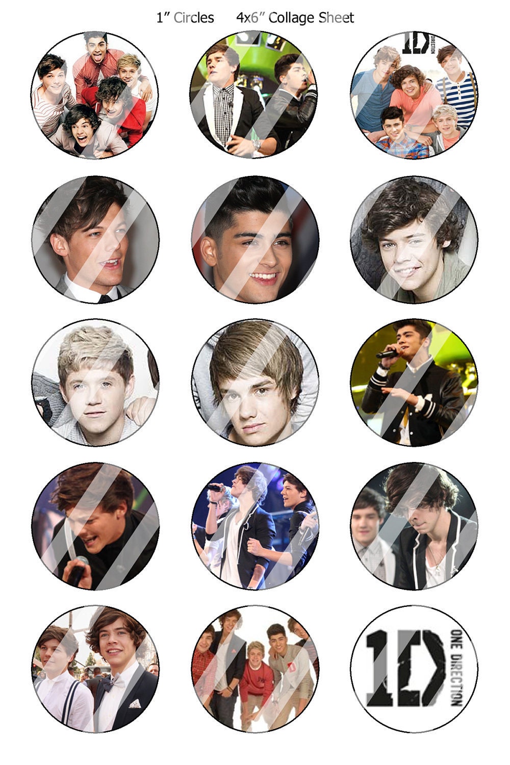 1 D One Direction Bottle Cap images Digital Collage Sheet 1 inch circles 4 x 6 page (207) Instant Download