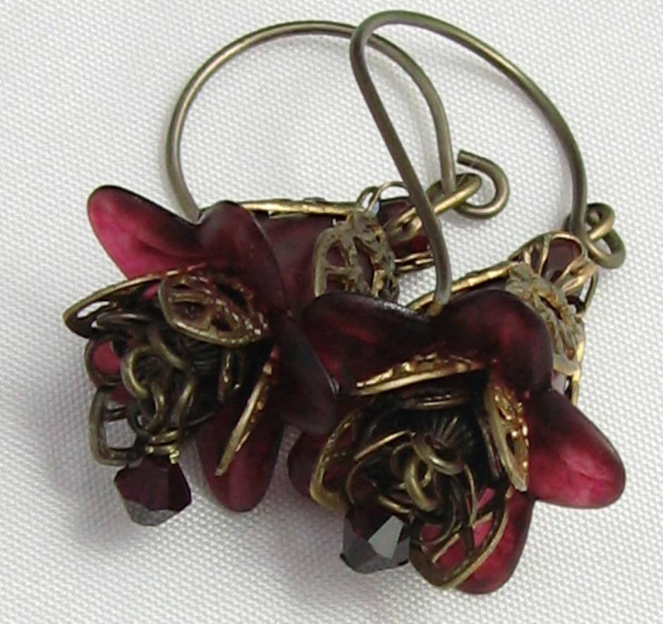 Vintage and Nature Inspired Hand Dyed Lucite Bellflower Earrings-Garnet Love