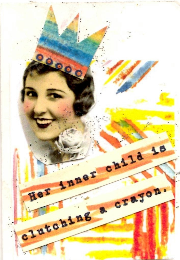 Original collage ACEO, Pretty Lady, Crown, Princess, Crayon, Small Art Card, Collectible, Original Artist Card Red, Blue, Yellow