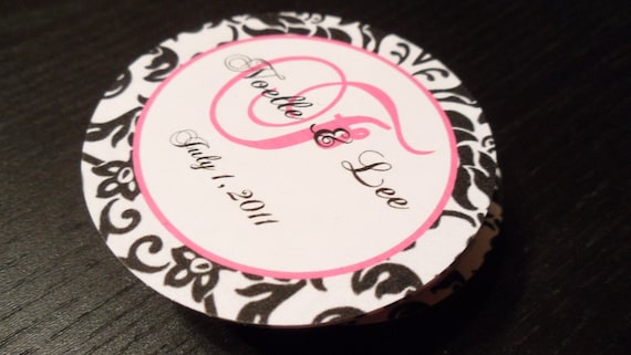 Set of 50 Black White Hot Pink Damask Monogram Wedding Favor Sticker Labels Tags for Guest Gifts Il_570xn