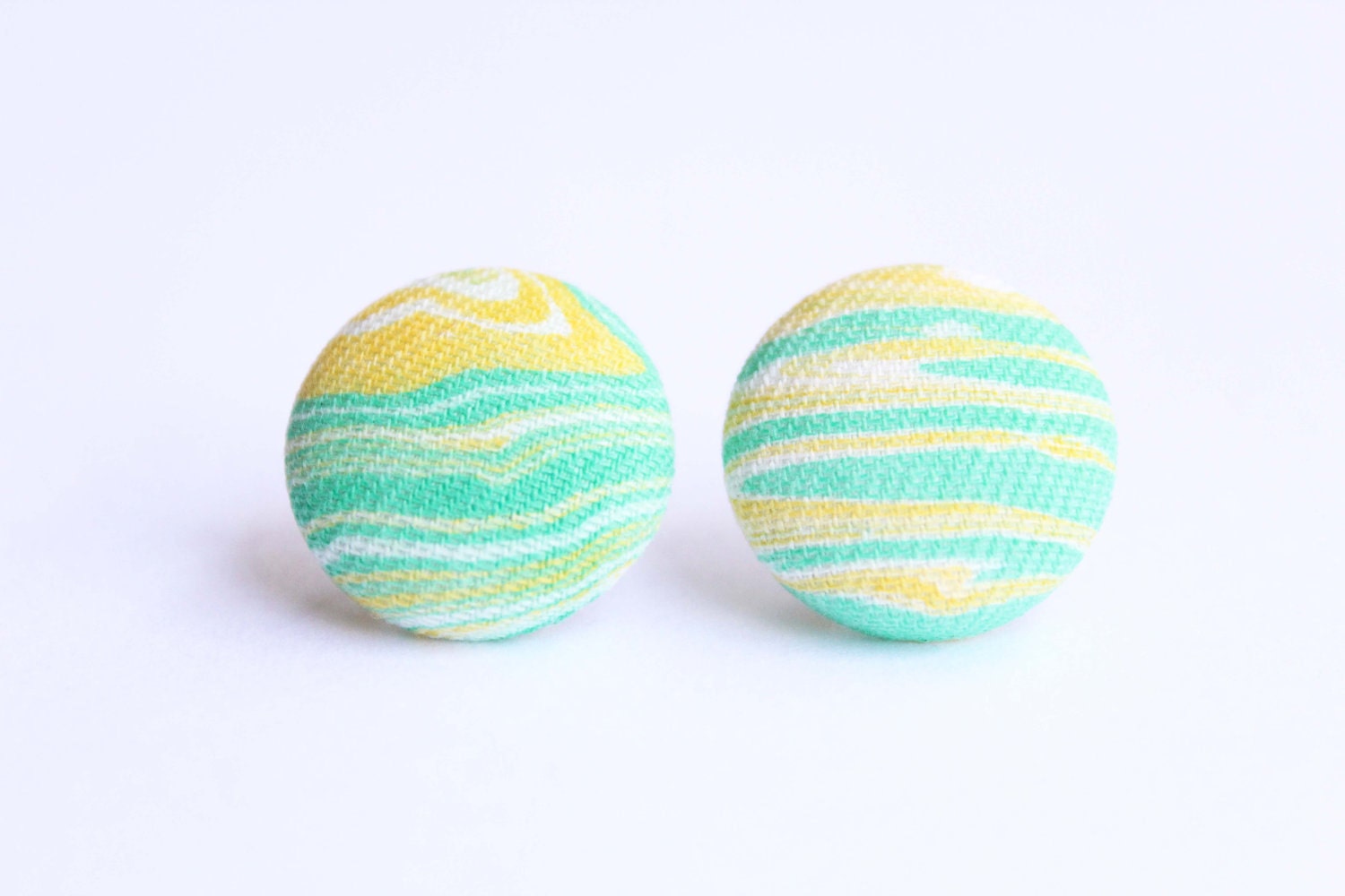 Handmade Button Earrings Green Yellow Blue Marbled