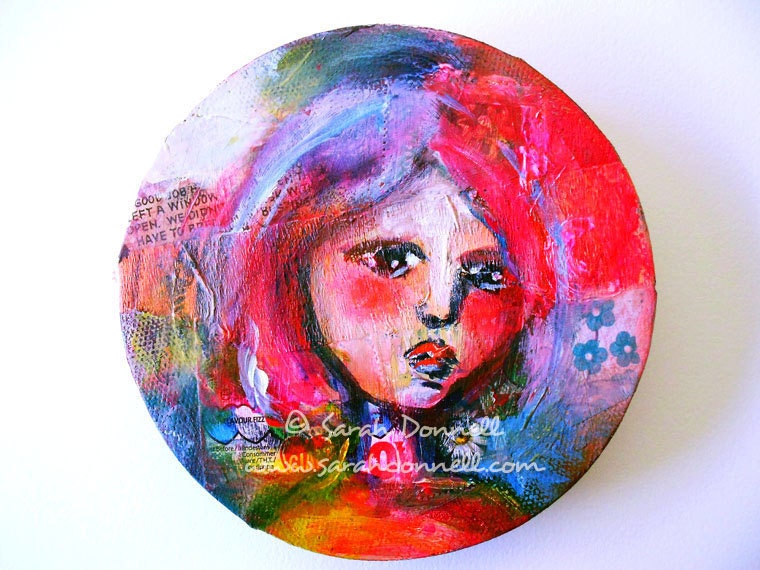 Small Original Painting Big Eye Outsider Low Brow Mixed Media Woman Girl Textural Portrait Recycled Material Australian Art - Colorwheel