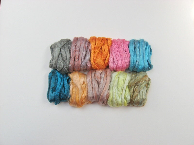 10 ASSORTED COLORS Mulberry Silk Fiber PASTEL Pack Hand dyed Roving Top 3.2oz (90g)
