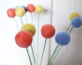10 Light Blue Yellow Peach Wool Felt Billy Ball Flowers - Bright Needle felted Pom Pom Blooms - Love Home Decor Summer Floral Arrangement