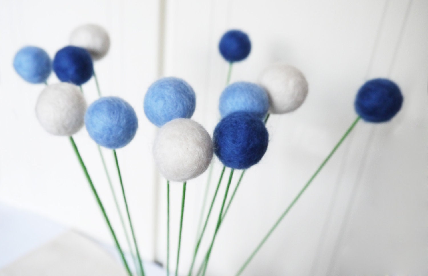 10 Blue White Wool Felt Billy Ball Flowers Needle felted Pom Pom Blooms - Love Gift For Her Wedding Bouquet Home Decor Decorating