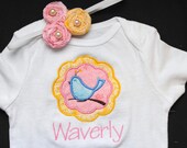 bird applique or alligator applique shirt with name and matching rosette headband perfect baby girl gift