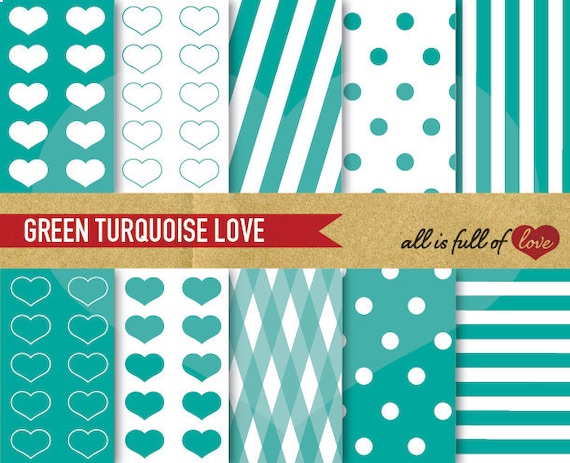 DIGITAL PAPER Pack Green Turquoise LOVE with heart patterns polka dots and candy stripes with instant download
