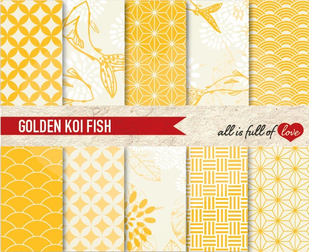 JAPANESE Digital Paper Pack GOLDEN KOI Fish Printable Scrapbooking Backgrounds Instant Download