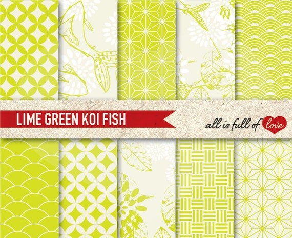 Scrapbooking Digital Paper Pack LIME GREEN KOI Fish Printable Background 8.5x11 // A4 Instant Download