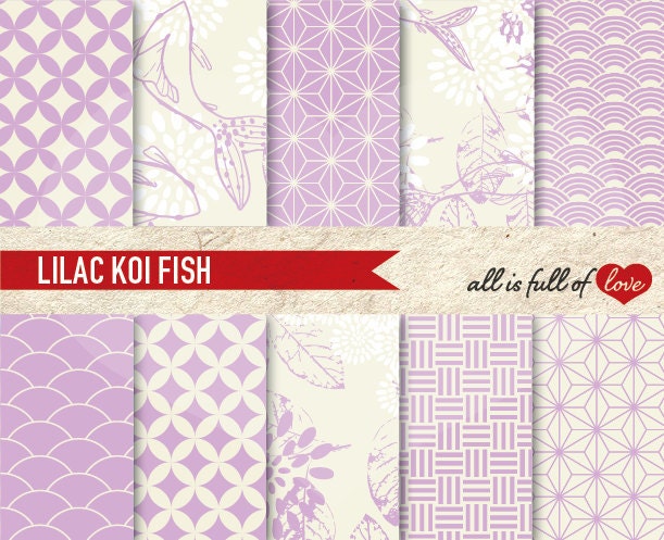 Scrapbooking Digital Paper Pack LILAC PURPLE KOI Fish Printable Background 8.5x11 // A4 with Instant Download