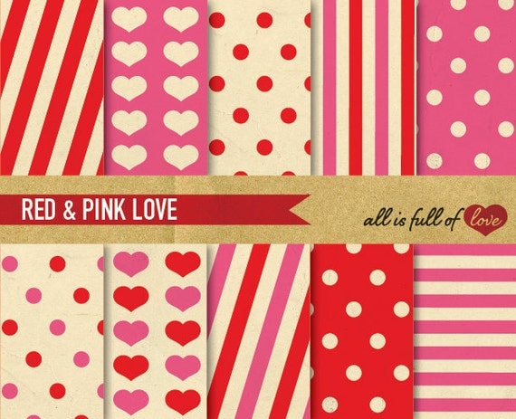 Digital SCRAPBOOKING Background Paper Set RED & PINK Printable Background Instant Download