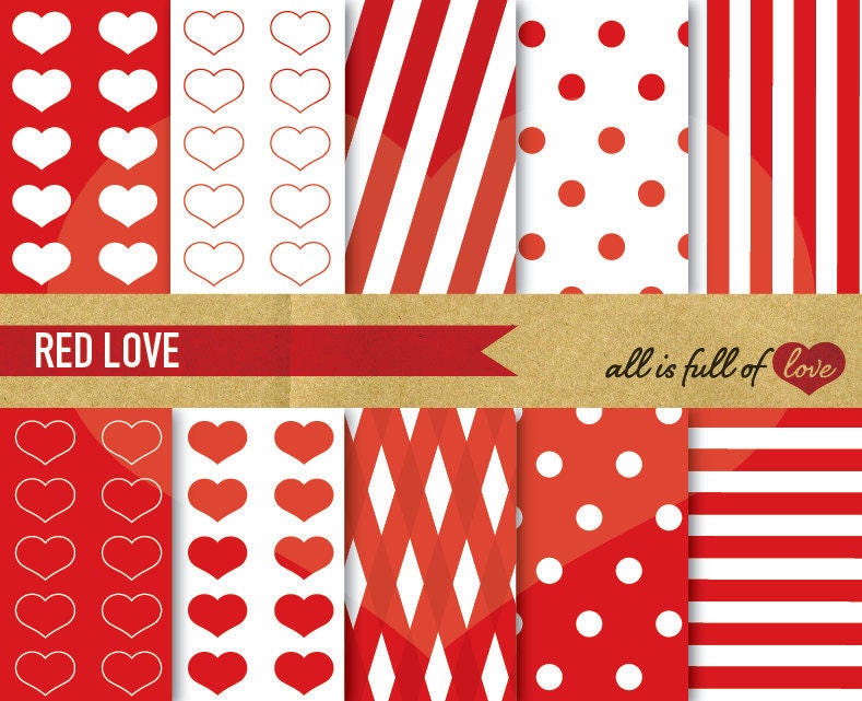 DIGITAL PAPER Pack Red LOVE with heart patterns polka dots and candy stripes with instant download