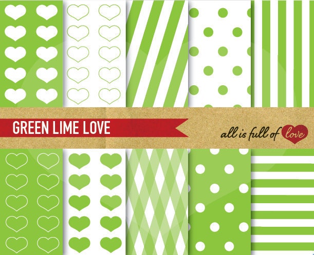 INSTANT DOWNLOAD Digital PAPER Pack Lime Green Love with heart patterns polka dots and candy stripes