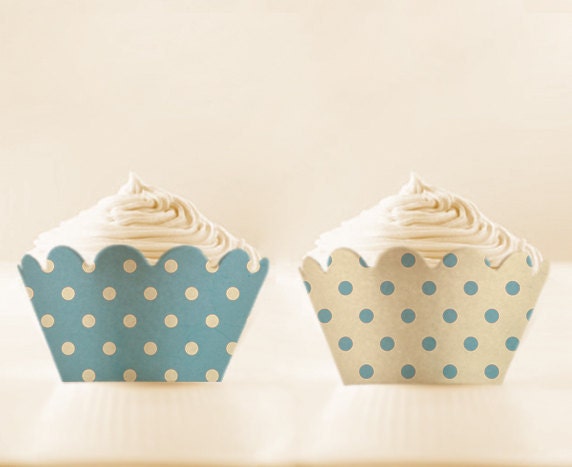 INSTANT DOWNLOAD Printable CUPCAKE Wrappers Retro Polka Dots Baby Blue
