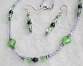 Necklace and Earring Set - Light green beaded glass Heart lavender purple - Item 2054 (SALE - SEE BELOW)